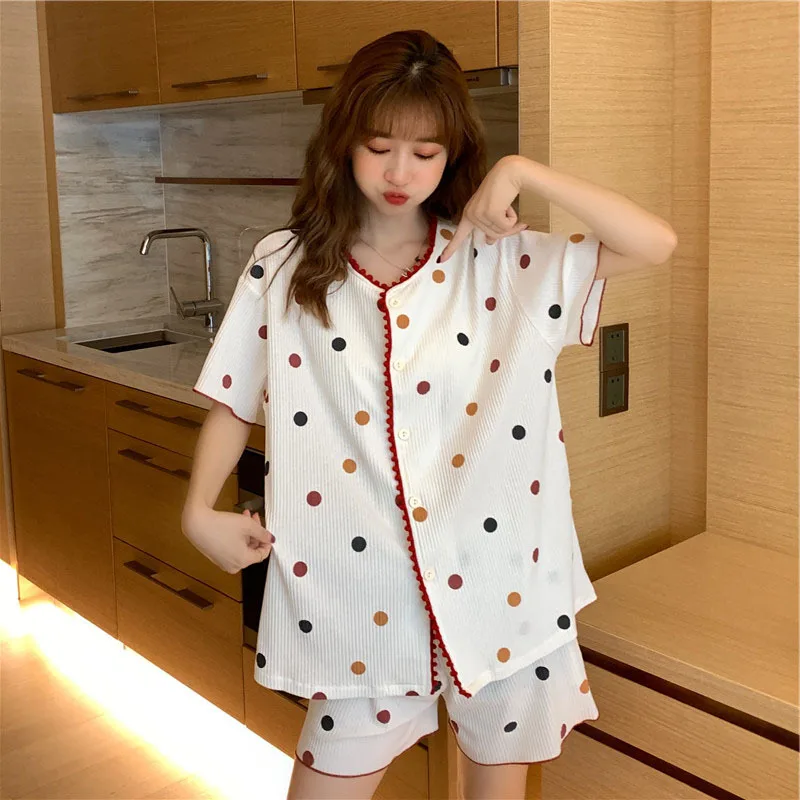 2021 Summer New Korean Wave Point Lace Cardigan Nightgown Home Wear Casual Loose Comfortable Women's Pajamas Suit Lady Sleepwear