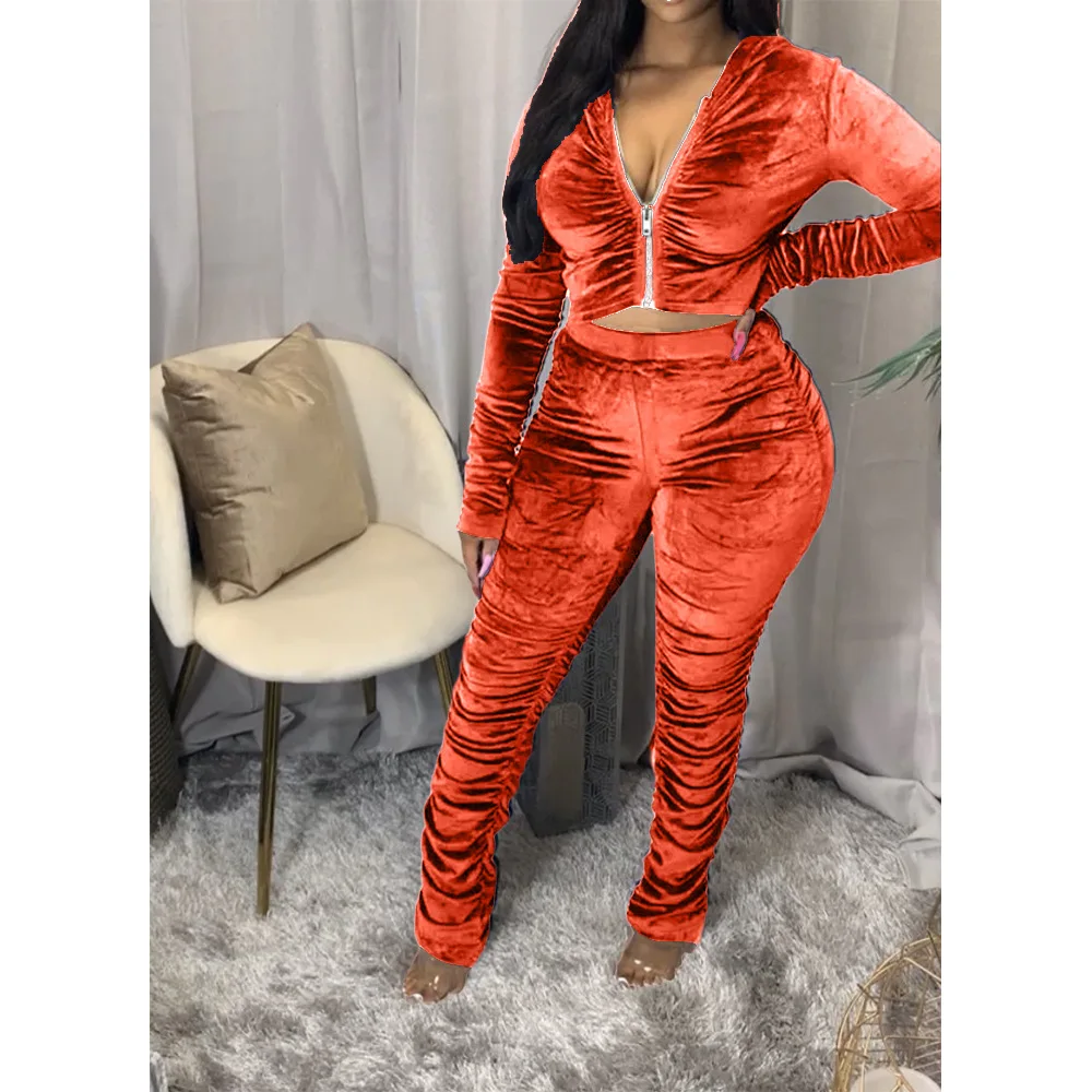 Winter Velvet Stacked Women's Set Zipper Hoodies Ruched Pants Set Sport Tracksuit Two Piece Outfit Active Sweatsuit