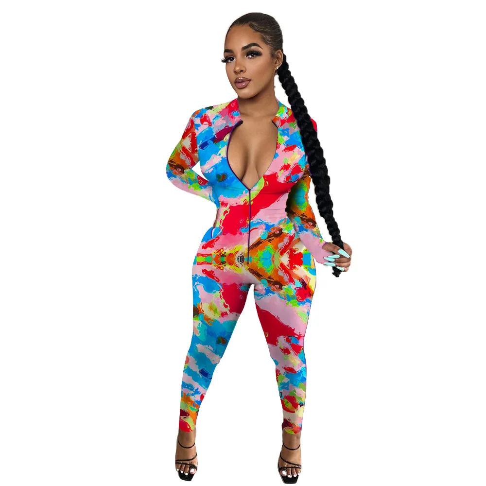 

Tie Dye Camouflage Leopard Skinny Jumpsuit for Women Full Sleeve Stretchy Slim Playsuit Streetwear Club Party One Piece Overalls