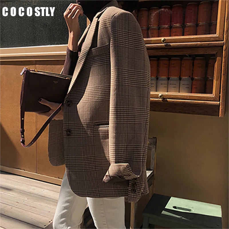 Осенние женские блейзеры и куртки в винтажном стиле с карманом клетку зубчатым