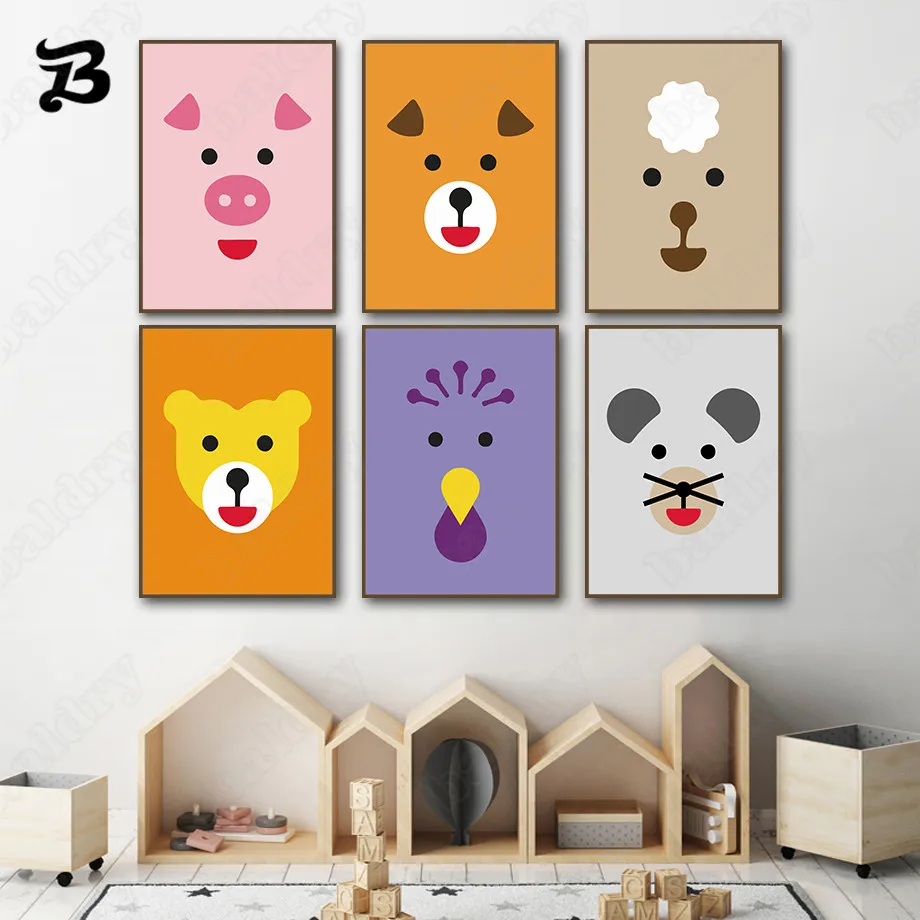 

Canvas Painting for Living Room Colorful Abstract Animal's Face Pig Dog Lion Sheep Mouse Cartoon Posters Prints Baby Room Decor