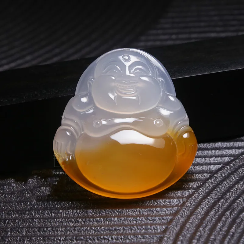 

Natural Chinese Agate Jade Pendant Buddha White Yellow Fashion Charm Hand Carved Jewellery for Men Women Blessing Amulet Gifts
