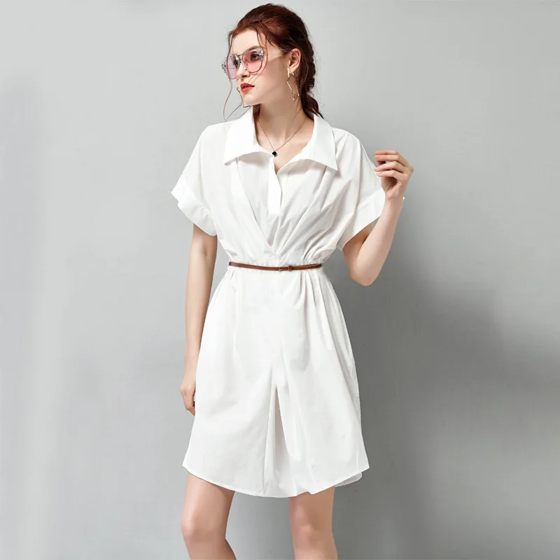 Женское платье-рубашка sommer белая приталенная блузка с коротким рукавом
