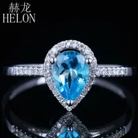 HELON Sterling Silver 925 Pear Cut 5x7mm 100% Genuine Blue Topaz & Diamonds Wedding Ring Women Birthday Anniversarry Best Gift