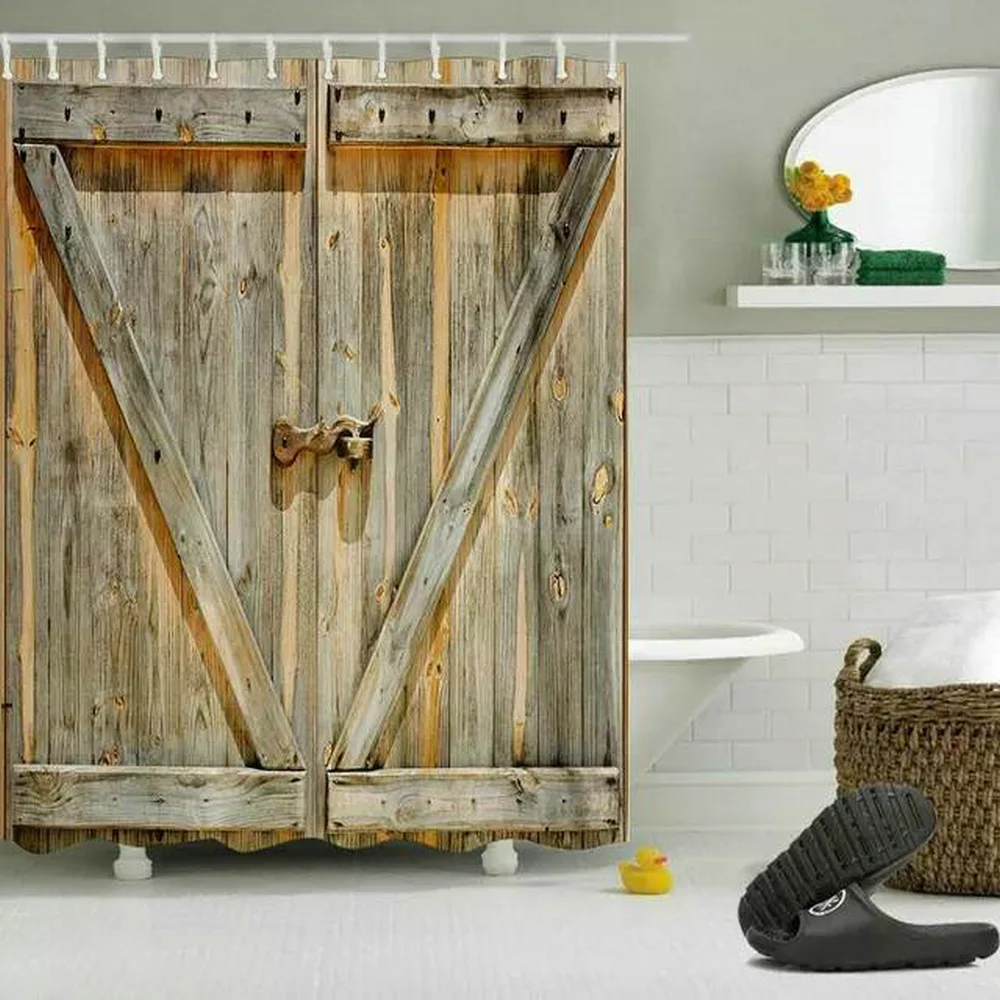 retro rustic wooden door shower curtains vintage farm barn swinging saloon doors polyester cloth decor chic bathroom curtain set free global shipping