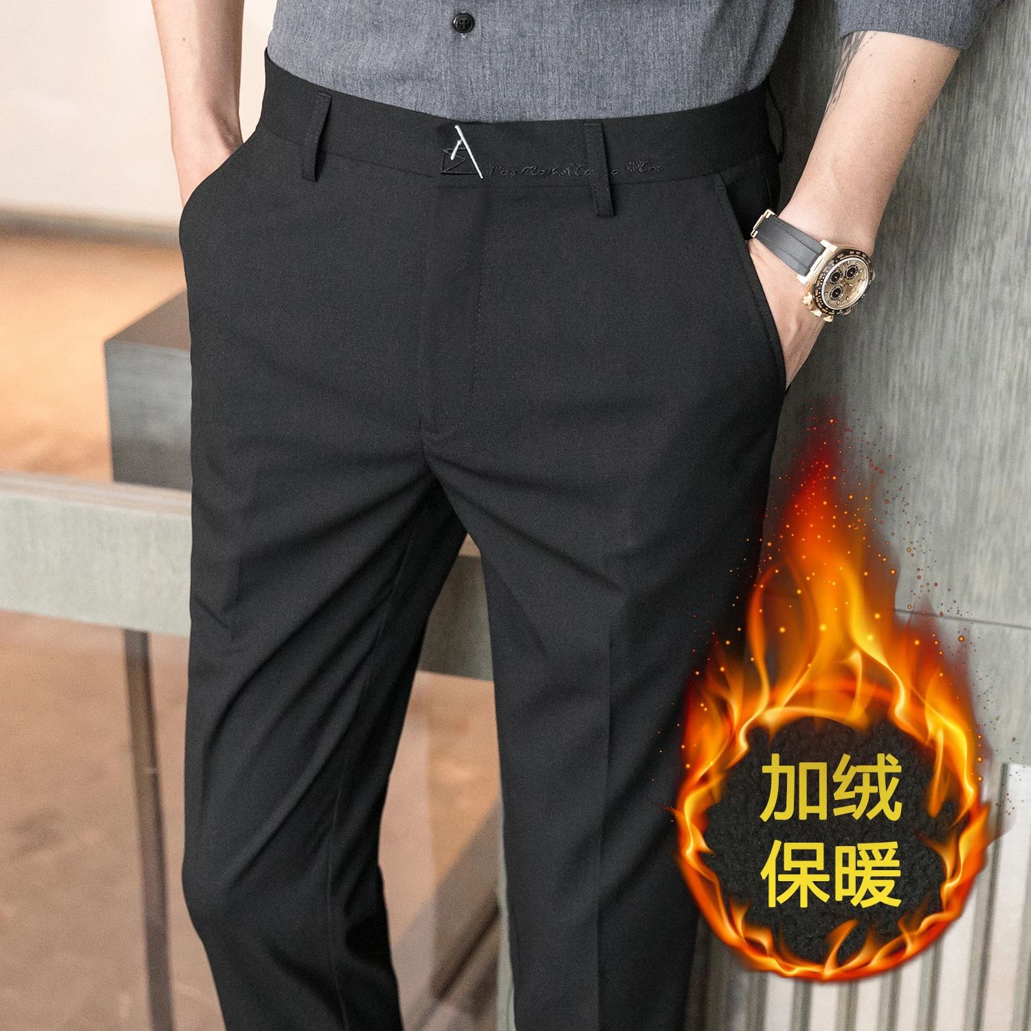 

Korean Autumn Winter Thick Warm Men Clothing Dress Pants Simple Slim Fit Casual Ankle Length Office Trousers Formal Wear Black