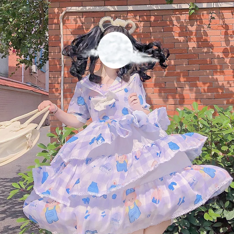 

Summer Japanese Soft Girl Cute Cartoons Little Bear Print Op Kawaii Lolita Dress Vintage Baby Doll Women Princess Cupcake Dress
