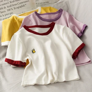 Женские трикотажные футболки HELIAR, тонкие футболки с вышивкой, милые топы, однотонные топы с круглым вырезом, Короткие футболки с коротким рукавом, женские летние футболки 2020