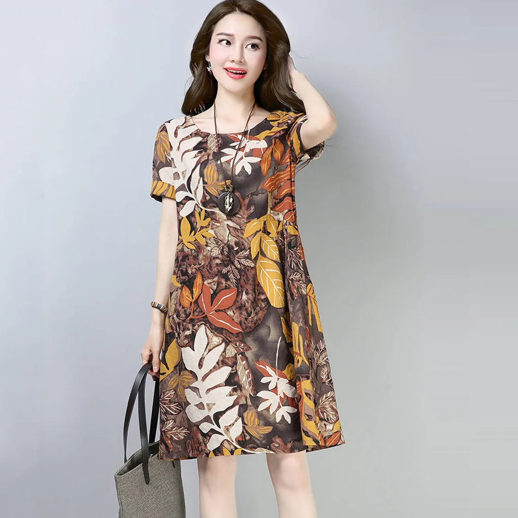 Летнее модное повседневное женское платье с круглым вырезом и коротким рукавом