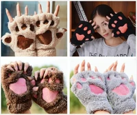 women cute cat claw paw plush mittens warm soft plush short fingerless fluffy bear cat gloves costume half finger hot sale