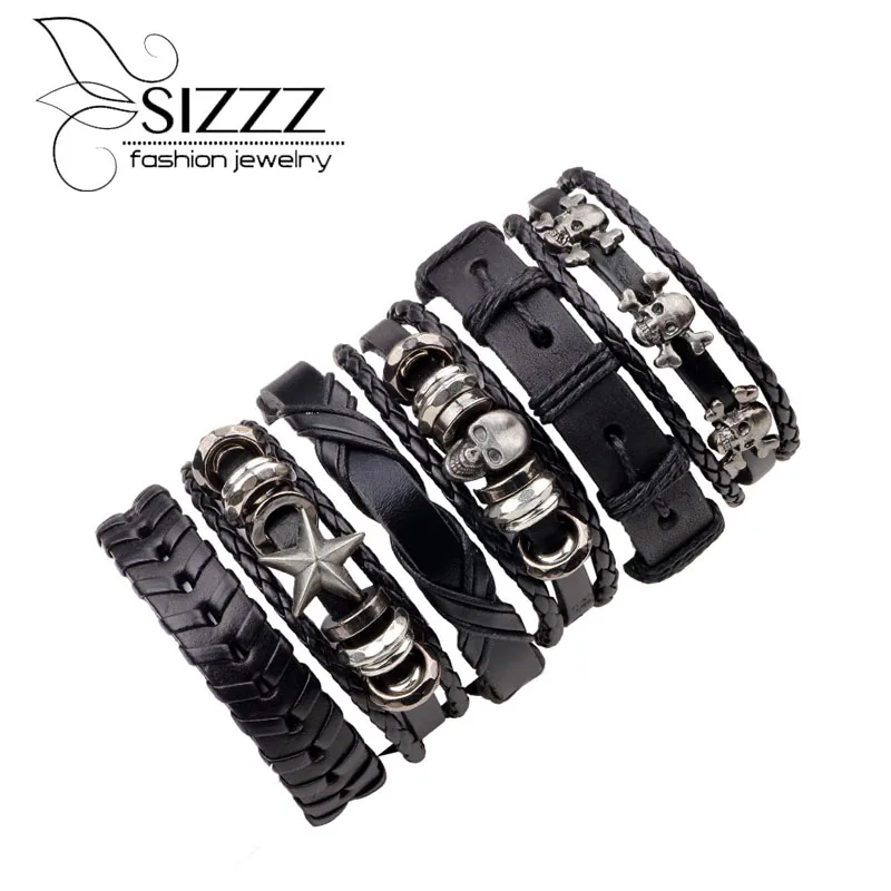 5 шт. черная упаковка браслет из натуральной кожи мужские 2017 браслеты в стиле панк
