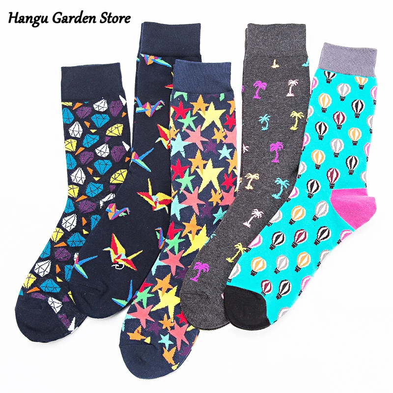 

Quality Mens Socks Combed Cotton colorful Happy Funny Socks Hot Air Balloon Coconut Tree Papercranes Casual Long Men Sox
