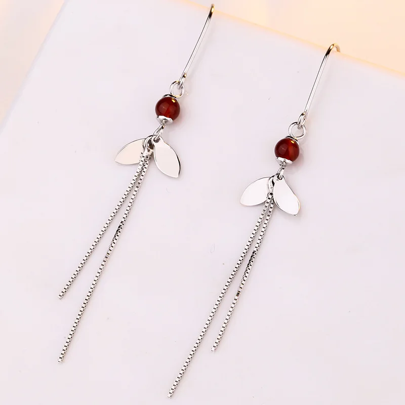 

New Earrings Fringed Long Ruby Earrings Temperament Simple Garnet Jewelry S925 Sterling Silver Women 's Birthday Present Fine