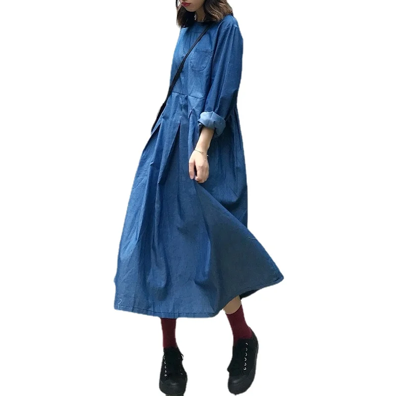 

2021 Botas Feminina/Новые Фирменные женские платье из джинсовой ткани с О-образным вырезом с длинным рукавом Свободный Повседневный костюм Макси пл...