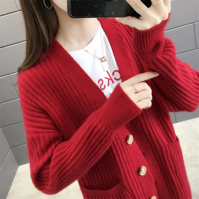 Женский однотонный кардиган с V образным вырезом однобортный трикотажный