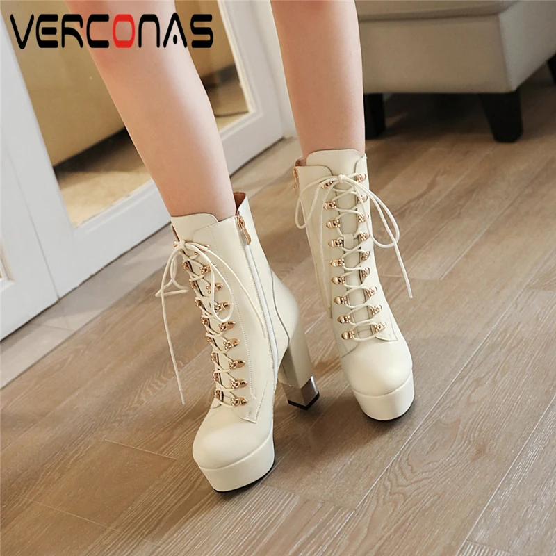 

VERCONAS Fashion Popular New Woman Ankle Boots 2021 Autumn Winter Super High Heels Zipper Boots Cross-Tied Platforms Boots Woman