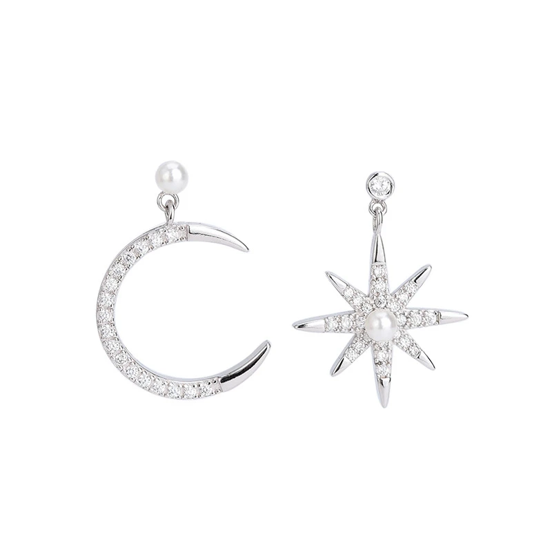 

925 Sterling Silver Zircon Stud Earrings for Women Korean Style Moon and Star Asymmetric Shell Pearl Girl Earrings Birthday Gift