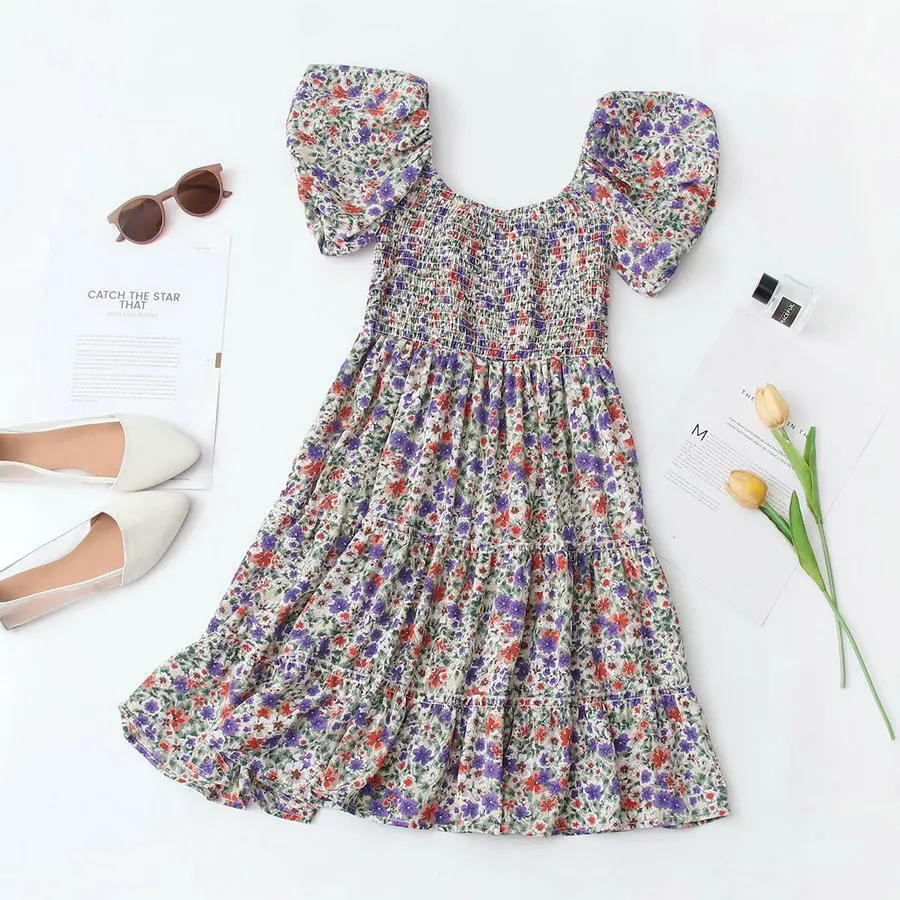 

Summer Women Flower Print Empire Dresses French Style Puff Short Sleeve Shirring Chest Design One Piece Holiday Romantic Robe