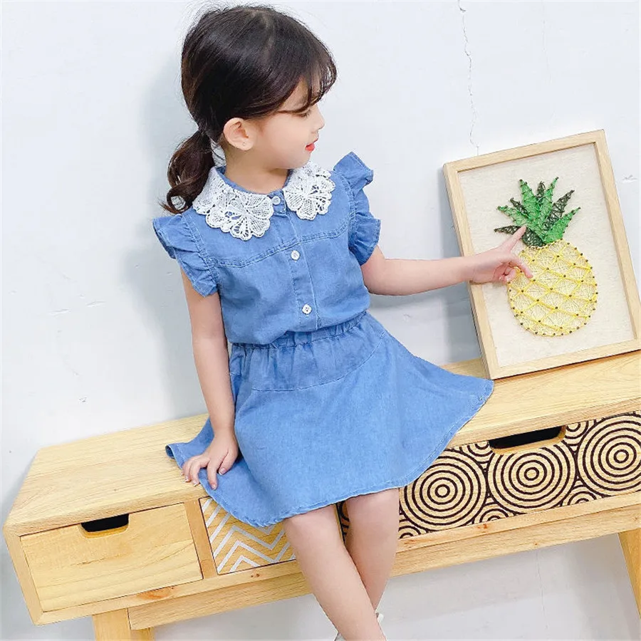 Детский летний комплект из 2 предметов джинсовая футболка и юбка для маленьких