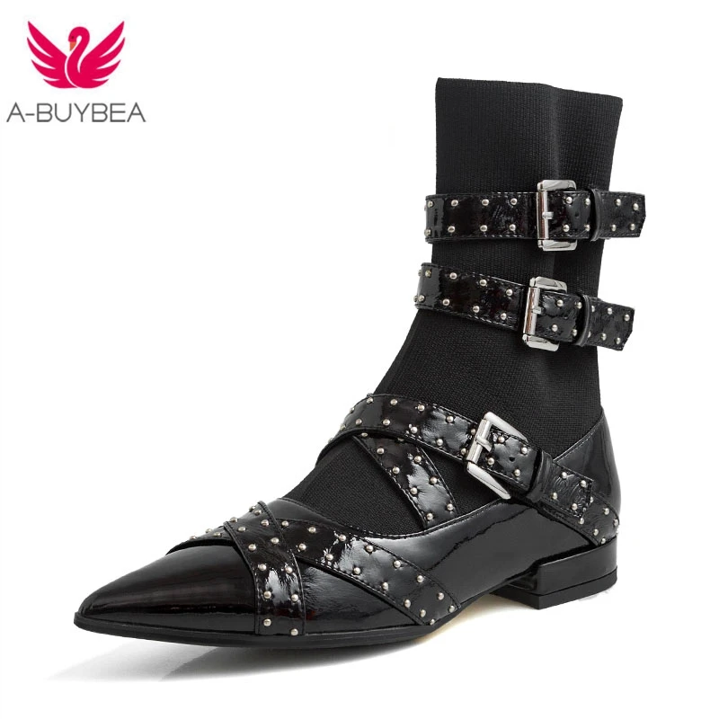 С заклепками Из коровьей кожи Вязаные ботильоны на широком каблуке с пряжками