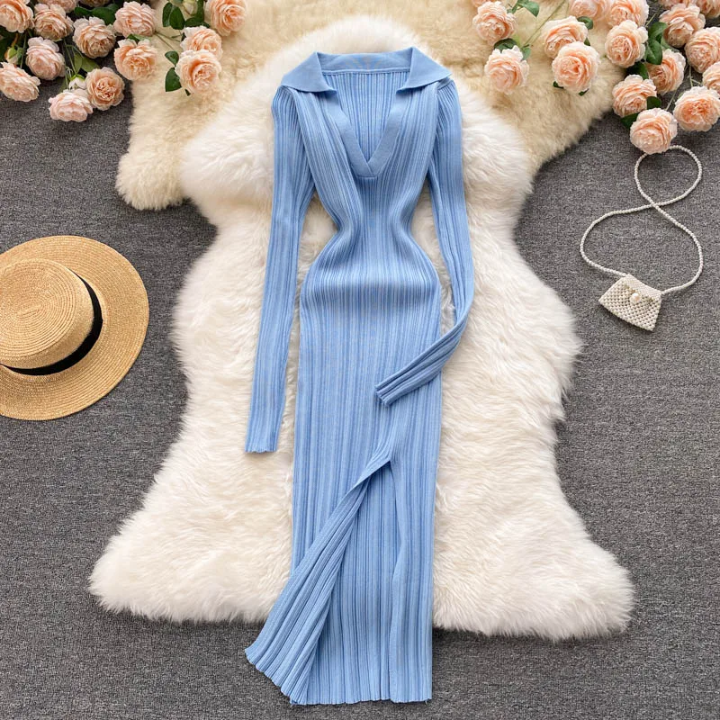 

2021 Sexy V-neck long-sleeved Knit Bodycon Dress Women Casual Summer Slim Elastic High Split Mid-calf Ribbed Long Dress Vestido