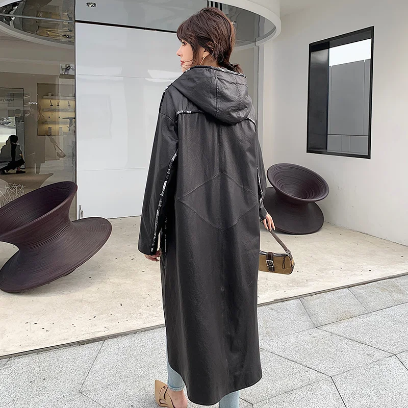 

JCHB 2021 Spring and Autumn New Haining genuine leather coat Women's Mid-length sheep single leather windbreaker hooded loose f