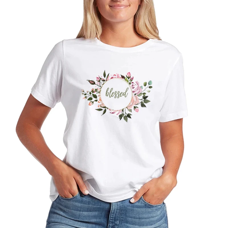 

Woman Flowers Blessed Print O-neck Short Sleeve Harajuku Simple T-shirt Summer Ulzzang Korean Style Female Size S-3XL Clothes