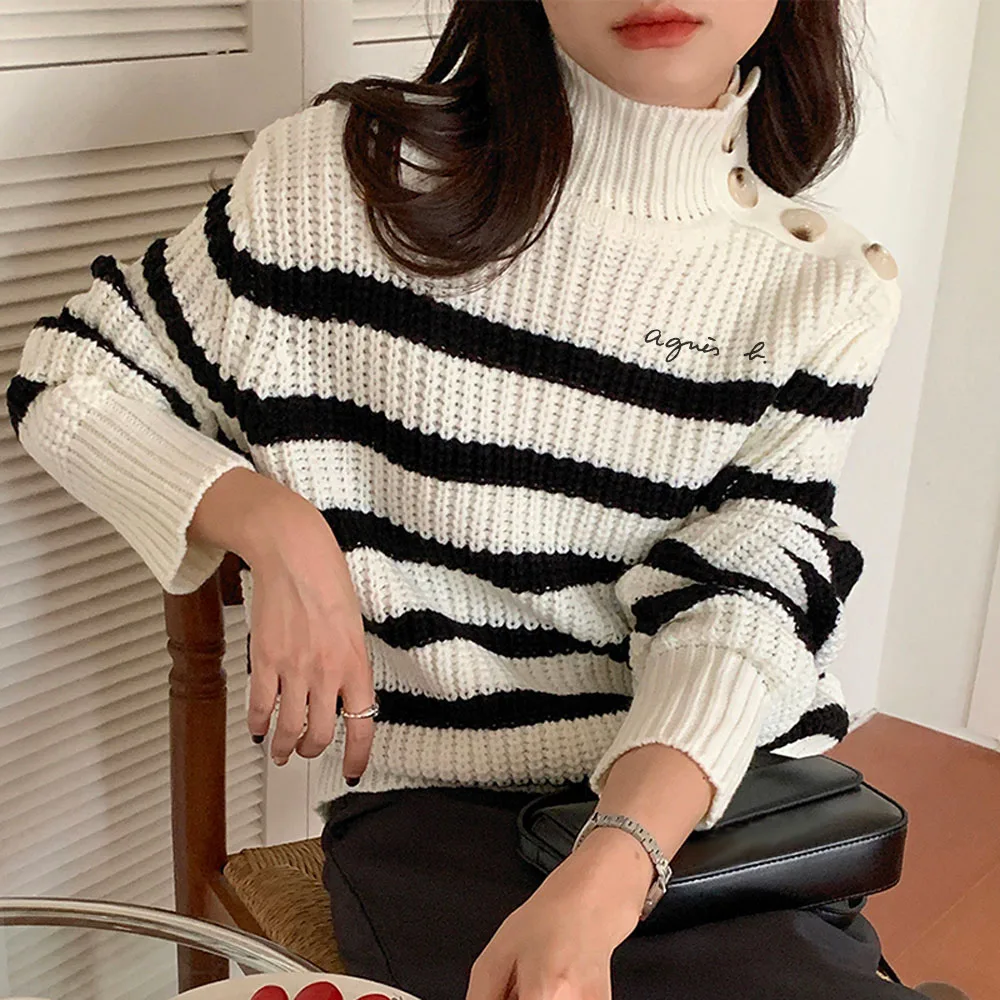 

Turtleneck Sweater Pullovers Women Button Up Long Sleeve 2021 Winter Clothes Designer Stripe Letter Print Knitted Tops Mujer