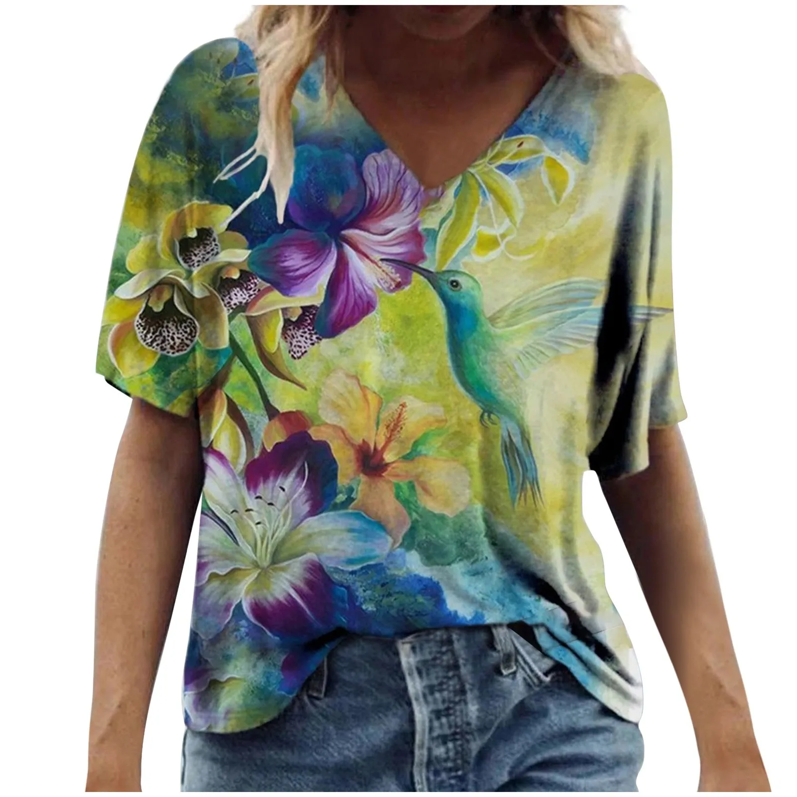 

Oversized T-shirts Women's Fashion Casual Plus Size Scenic Flowers Printing V-Neck T-shirt Tops Фђболки с коѬоким Ѭђкав