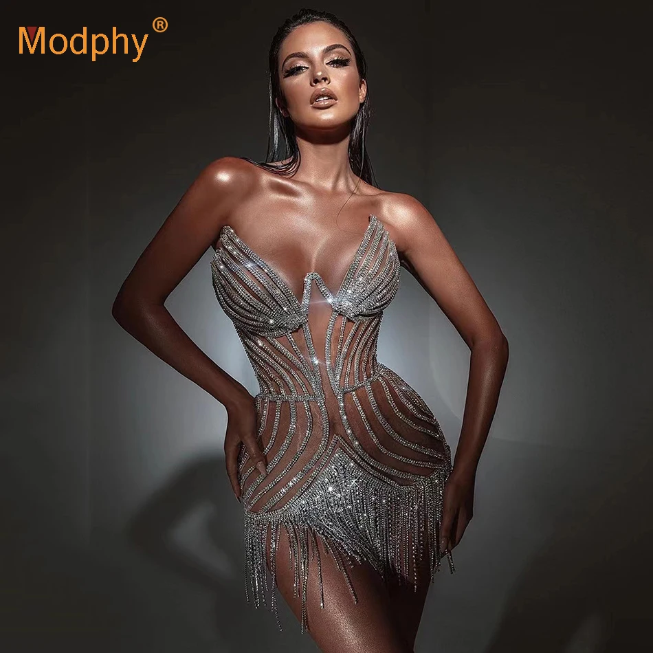 

High Quality Women Evening Dress Heavy Industry Diamond Tassel Sexy V-neck Slim Mini Dresses Club Female Party Runway Vestidos