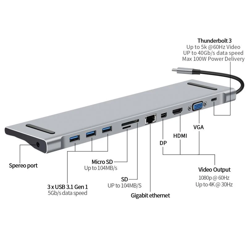 11 в 1 Usb type C концентратор к Hdmi Vga Rj45 3 0 хаб конвертер с Sd/Tf кард ридер адаптер для Macbook