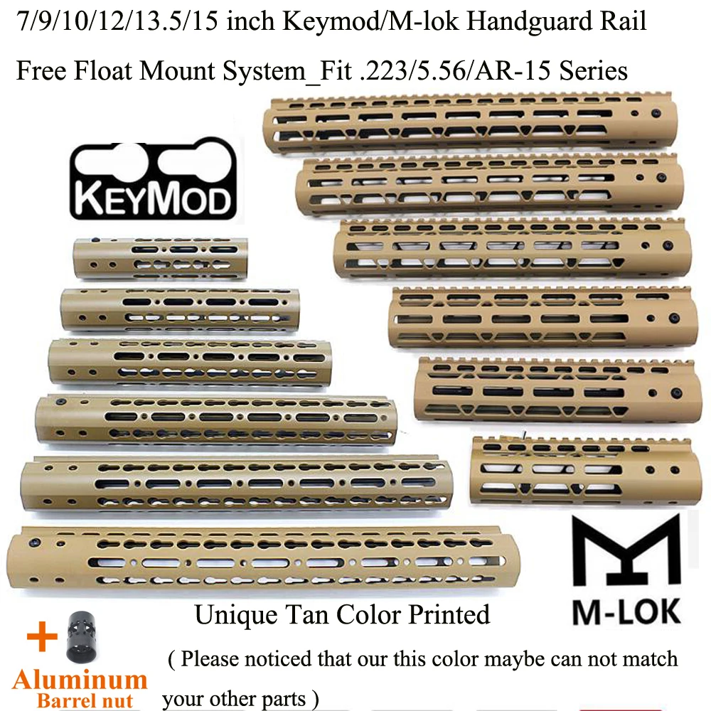 

TriRock Tan_7/9/10/12/13.5/15 inch Ultralight Keymod/M-lok Handguard Rail Fit .223/5.56/AR-15 Series with Aluminum Barrel Nut