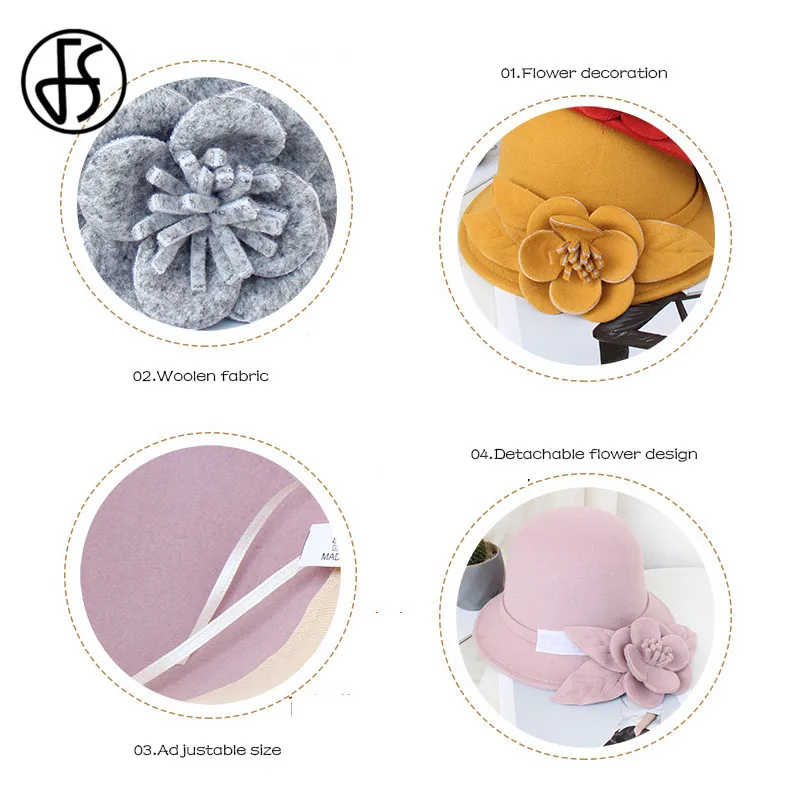 Женская фетровая шляпа FS розовая однотонная с широкими полями и красными цветами