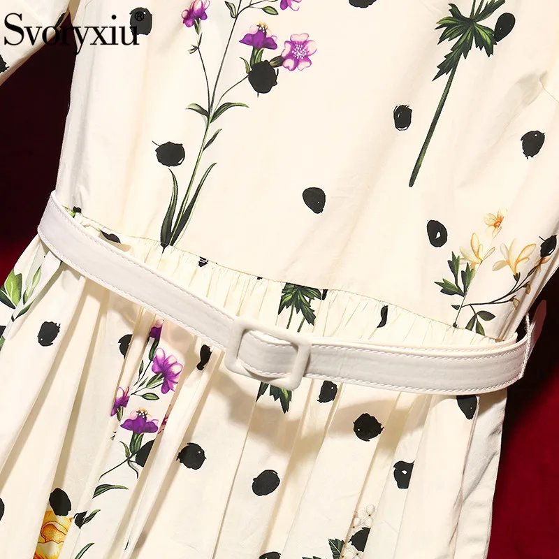 

Svoryxiu Designer 2021 Summer Woman Elegant Dresses O-Neck Half Sleeve Polka Dot Floral Print Sashes Slim Beach Vacation Dresses
