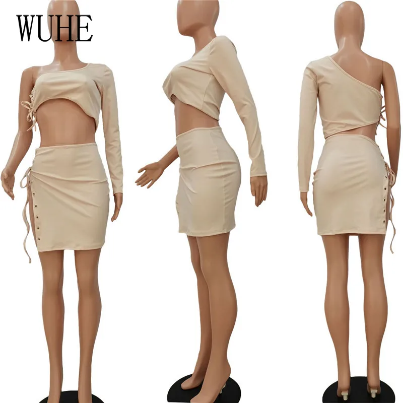 

YEYA Eyelet Straps 2 Pieces Sets Hollow Out One Shoulder Long Sleeve Lace Up Top and Side Split Skinny Skirts Party Clubwear