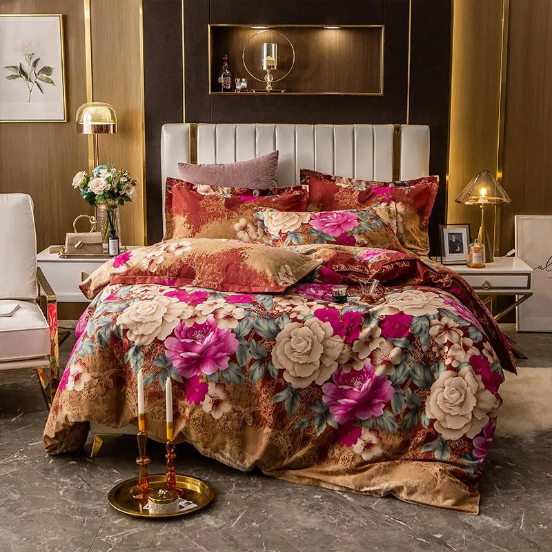

Vintage Blossom Flowers Duvet Cover Set Brushed Cotton Heavy weigh Warm Bedding set Zipper Comforter Cover Bed Sheet Pillowcases