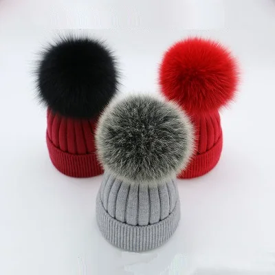 Зимняя вязаная шапка для девочек из натурального Лисьего меха с помпонами