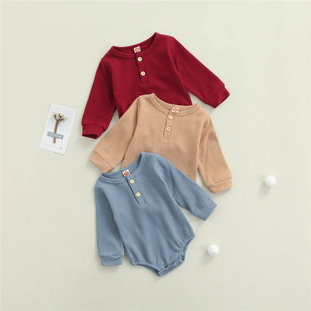 

0-18 Months Newborn Baby Casual Long Sleeve Romper Fashion Infant Toddler Boy Girl Solid Color Button Jumpsuits Blue Khaki