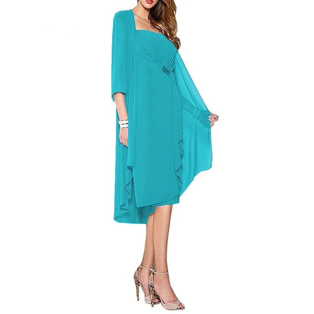 Шифоновое до колена для мамы невесты платья с курткой Короткие вечерние