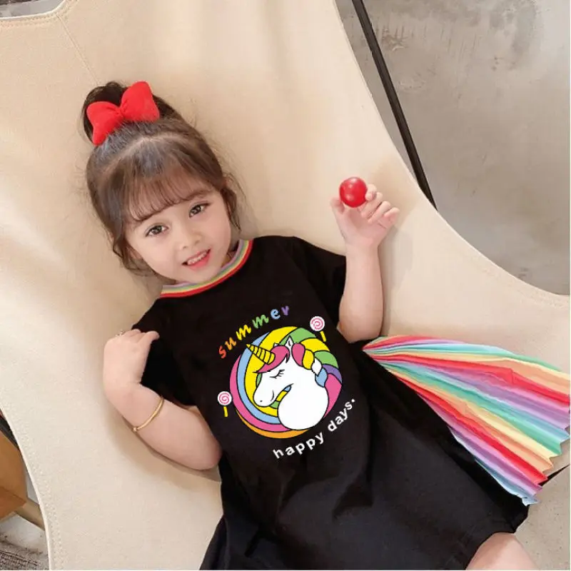 

Summer New Childrens Clothing Baby Girls Cotton Princess Dress Rainbow Pleated Tshirt Dresses