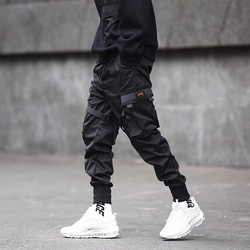 

New 2021 Mens Ribbons Color Block Black Cargo Pants Man Multi-pocket Harem Joggers Man Harajuku Streetwear Punk Hip Hop Trousers