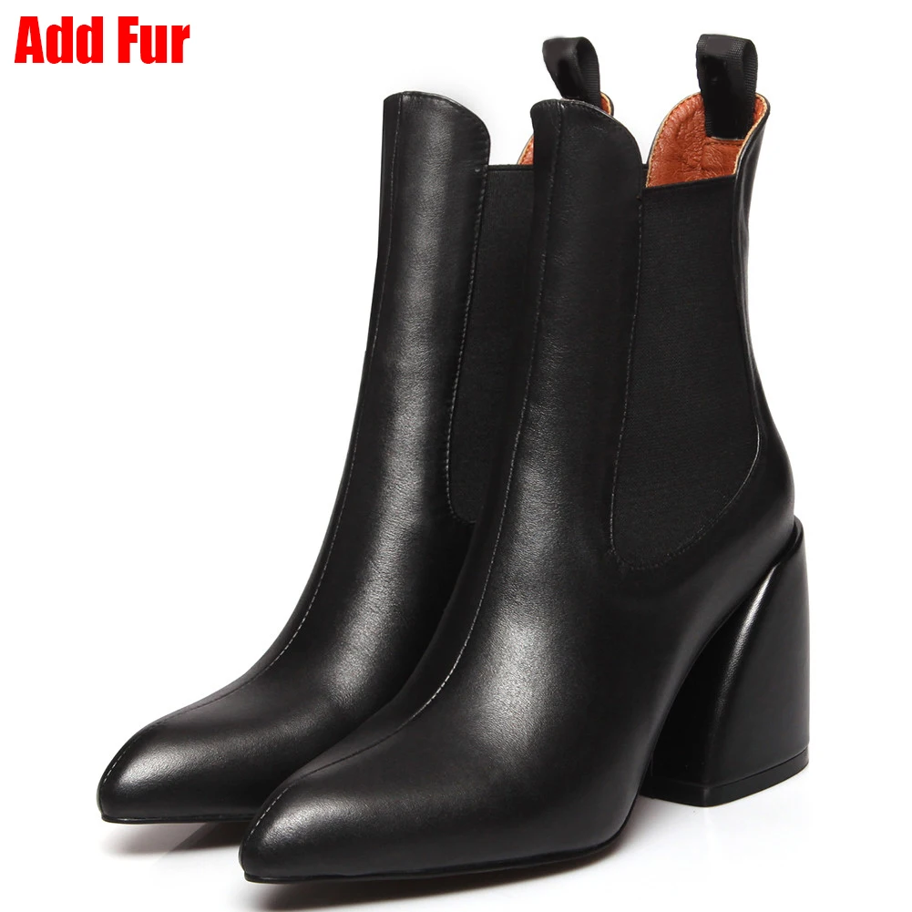 black 1 add fur BONJOMARISA; Новинка; Размеры 33-43; Роскошные брендовые дизайнерские ботиночки; женские Качественные ботильоны из натуральной кожи; коллекция года; женская обувь на высоком каблуке - Цвет: black 1 add fur