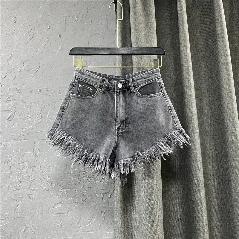 

Fashion Gray Burrs Tassels Denim Shorts Women's Wide-Leg Pants 2021 Summer New Korean A- Line Hot Pants Student Street Jeans