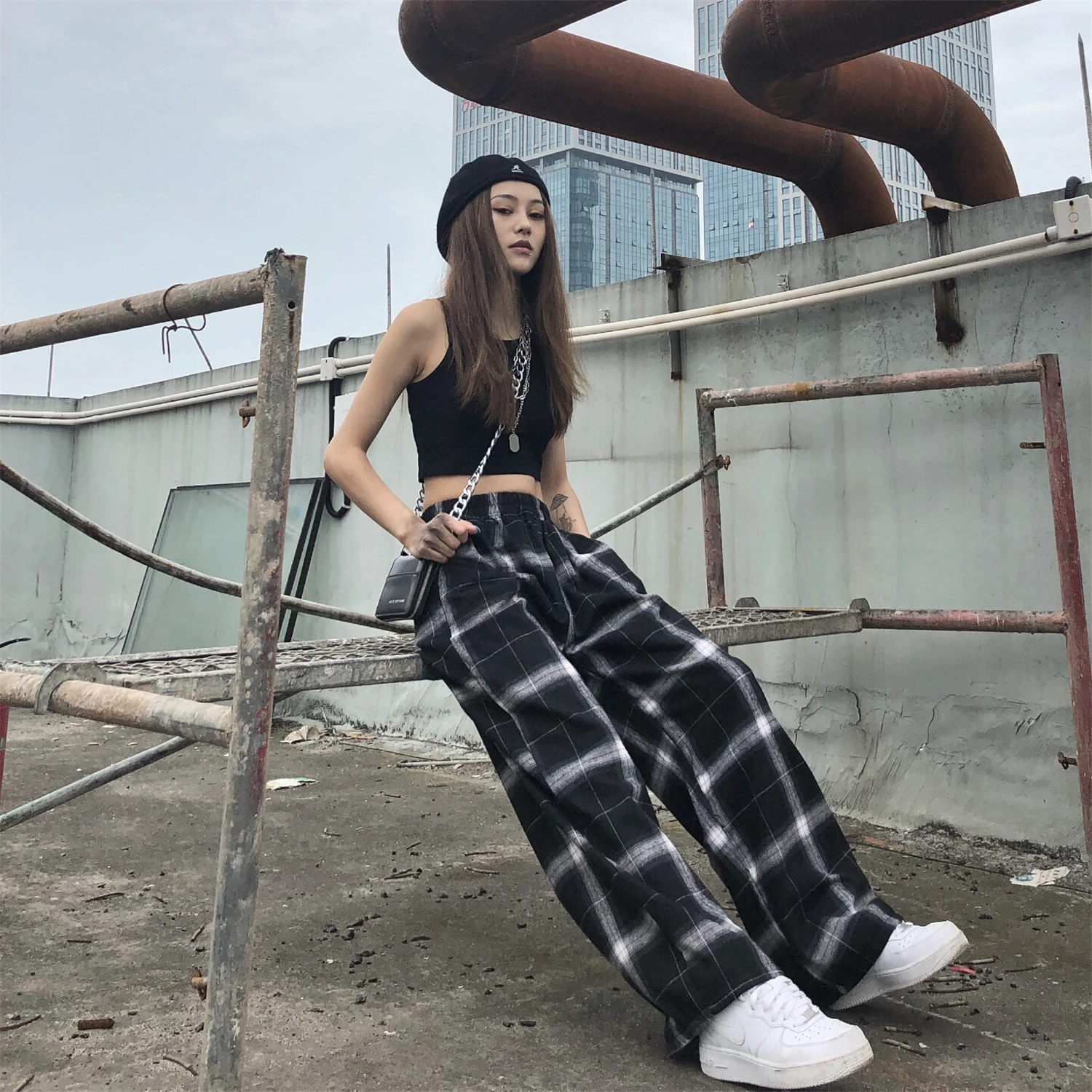 

Plaid Pants Women's High-Waist Wide-Leg Pants Gothic Casual Women Korean Elastic Waist Jogging Punk Trousers