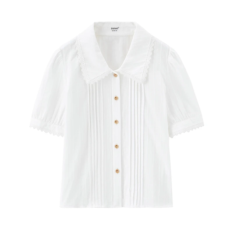 

INMAN Summer Blouses Women Literary Retro Style Woven Lace Lapel Button Cuff Flower Jacquard Cotton Short Sleeve Shirt