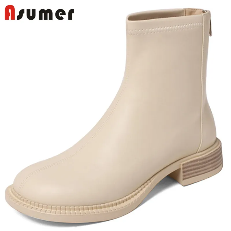 

Asumer 2022 New Arrive Low Heels Women Ankle Boots Round Toe Zip Autumn Winter Comfortable Stretch Slim Boots Women Black