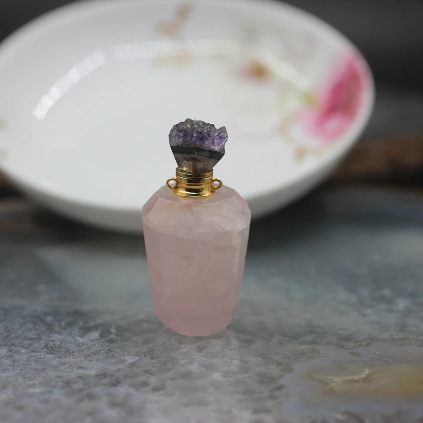 Rose Quartz Amethyst 9 камней выбор, натуральный драгоценный камень подвески флаконы духов, друзы Geode колпачки эфирные масла диффузор для подвески, ожерелья ювелирные изделия - Окраска металла: Rose Quartz Amethyst
