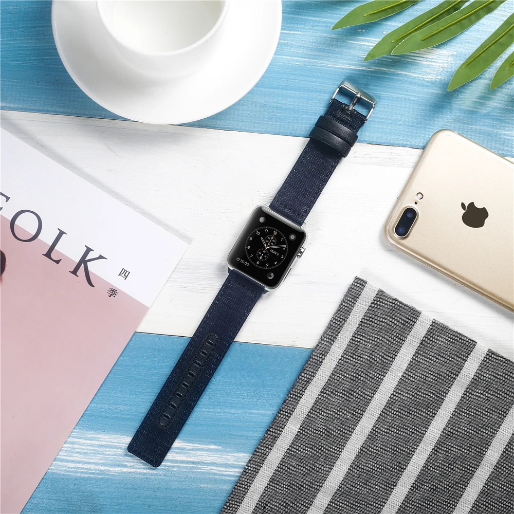 Холщовый ремешок для часов для Apple Watch 38 мм 42 мм 40 мм 44 мм нейлоновый кожаный ремешок для часов браслет для iWatch Series 5/4/3/2/1