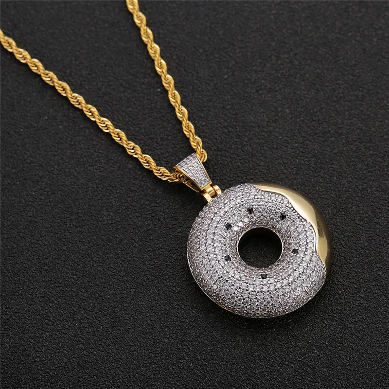 

Hip Hop Bling Donut Pendant Necklace For Men Iced Out Cubic Zircon Jewelry With Free Rope Chain For Male Christmas Gifts
