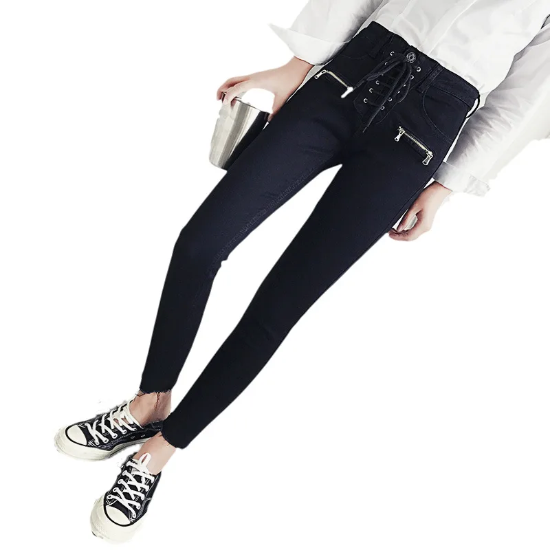 

Jeans Women's Black Pencil Denim Pants 2019 Summer Autumn Streetwear High Waist Bandage Zipper Ankle Length Jeans